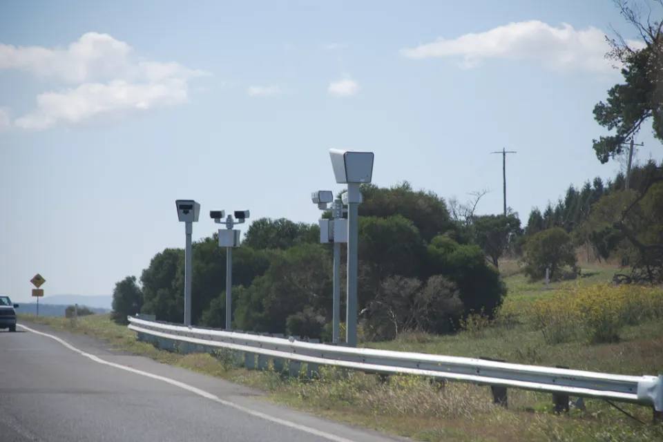 New "Point to Point" speed cameras on the Hume Highway, Victoria, Australia. Point to Point records your average speed over a set distance.